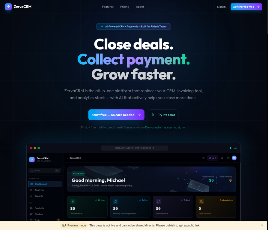 ZervaCRM Dashboard Interface